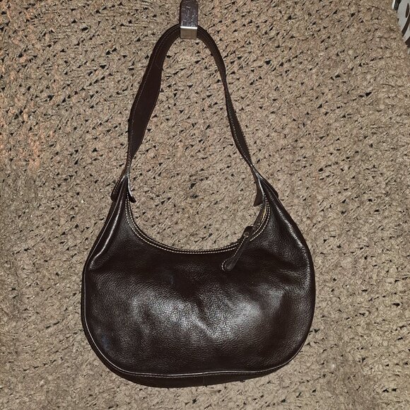 LONGCHAMP-Dark Brown Pebbled Leather Hobo/Baguette-Vintage-Logo Studs-Near Mint - Picture 3 of 13